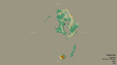 Japonya 'nın Kagoshima bölgesi, katı bir arka planda izole edilmiş bir sınır kutusunda. Etiketler. Topografik yardım haritası. 3B görüntüleme