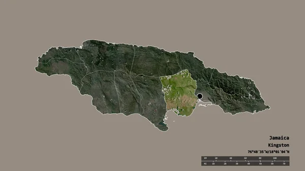 主要な地域部門と分離した聖カタリナ地域とジャマイカの荒廃した形 ラベル 衛星画像 3Dレンダリング — ストック写真