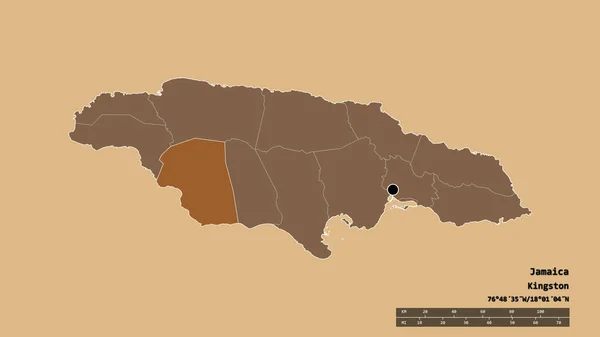 Forme Désaturée Jamaïque Avec Capitale Principale Division Régionale Région Séparée — Photo