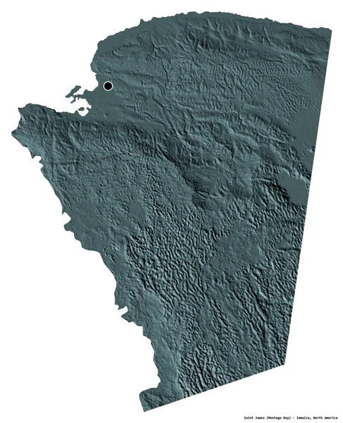 ジャマイカの教区であるセント ジェームズの形で その首都は白い背景に孤立している 色の標高マップ 3Dレンダリング — ストック写真