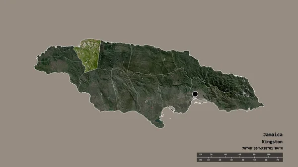 主要な地域部門と分離したセント ジェームズ地域でジャマイカの荒廃した形 ラベル 衛星画像 3Dレンダリング — ストック写真