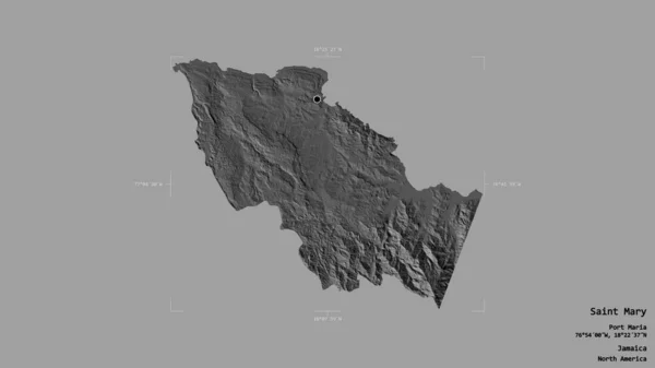 牙买加圣玛丽教区的一个区域 在一个地理参考方块的方块盒中 被坚实的背景隔离 Bilevel高程图 3D渲染 — 图库照片