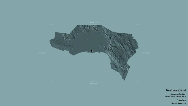 ジャマイカの教区であるウェストモアランドの地域は 洗練された境界の箱の中にしっかりとした背景に隔離されている ラベル 色の標高マップ 3Dレンダリング — ストック写真