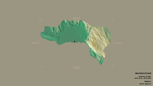 牙买加西莫兰教区的一个区域 在一个地理参考方块中的坚实背景上被隔离 地形浮雕图 3D渲染 — 图库照片