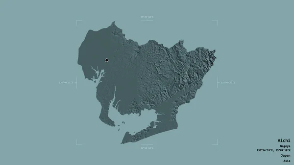 日本の愛知県のエリアは 地理的境界線の箱の中にしっかりとした背景に隔離されています ラベル 色の標高マップ 3Dレンダリング — ストック写真