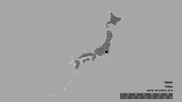 Desaturerad Form Japan Med Dess Huvudstad Huvudsakliga Regionala Indelning Och — Stockfoto