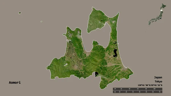 日本青森县的形状 其首都在坚实的背景下与世隔绝 距离尺度 区域预览和标签 卫星图像 3D渲染 — 图库照片