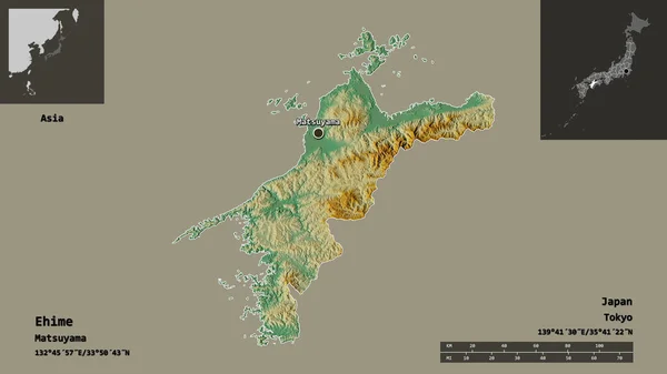 Форма Ехіме Префектура Японії Столиця Масштаб Відстаней Превью Етикетки Карта — стокове фото