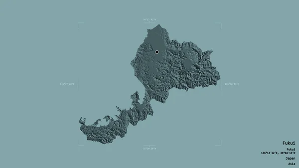 日本の福井県の地域は 地理的な境界線の箱の中にしっかりとした背景に隔離されています ラベル 色の標高マップ 3Dレンダリング — ストック写真