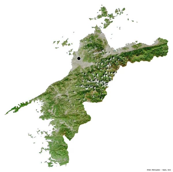 Ehime Alakja Japán Prefektúrája Fővárosát Fehér Háttérrel Elszigetelve Műholdas Képek — Stock Fotó
