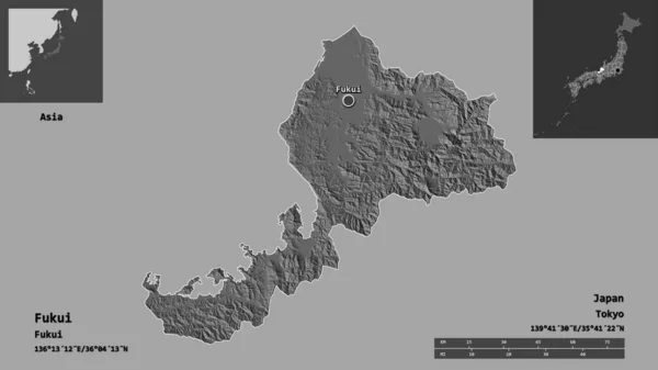 福井県 日本の県とその首都の形 距離スケール プレビューおよびラベル 標高マップ 3Dレンダリング — ストック写真
