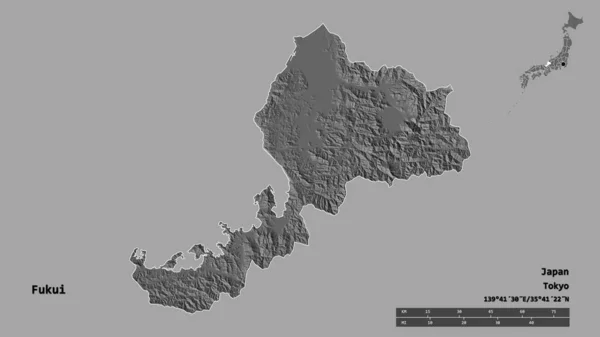 日本福井县的形状 其首都在坚实的背景下与世隔绝 距离尺度 区域预览和标签 Bilevel高程图 3D渲染 — 图库照片