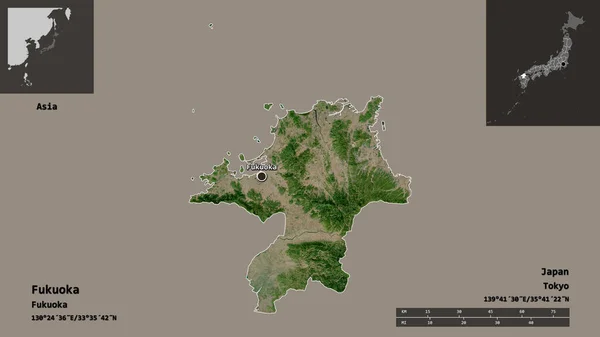 福岡県 日本の県とその首都の形 距離スケール プレビューおよびラベル 衛星画像 3Dレンダリング — ストック写真