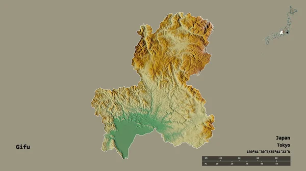 日本の岐阜県の形で その首都はしっかりとした背景に隔離されています 距離スケール リージョンプレビュー およびラベル 地形図 3Dレンダリング — ストック写真