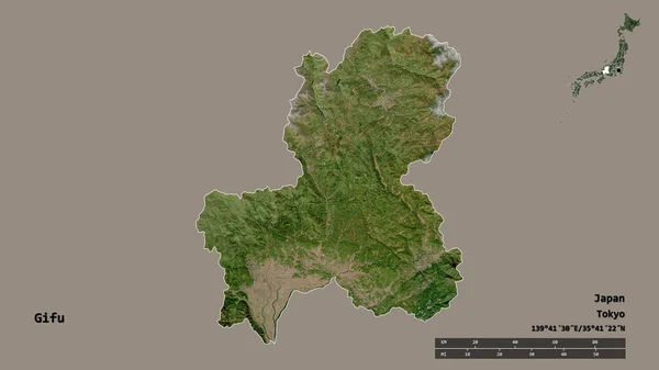 日本の岐阜県の形で その首都はしっかりとした背景に隔離されています 距離スケール リージョンプレビュー およびラベル 衛星画像 3Dレンダリング — ストック写真