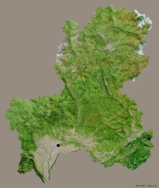 日本の岐阜県の形をしっかりとした色の背景に首都を隔てています 衛星画像 3Dレンダリング — ストック写真