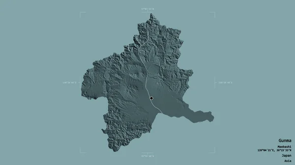 日本の群馬県の地域は 地理的な境界線の箱の中にしっかりとした背景に隔離されています ラベル 色の標高マップ 3Dレンダリング — ストック写真