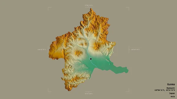 日本的贡马地区 在一个地理参考方块中被隔离在坚实的背景下 地形浮雕图 3D渲染 — 图库照片