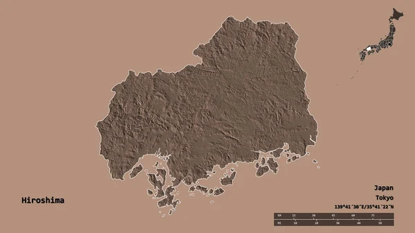 日本广岛的形状 其首都在坚实的背景下与世隔绝 距离尺度 区域预览和标签 彩色高程图 3D渲染 — 图库照片