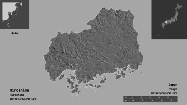 广岛的形状 日本的都道府县 距离刻度 预览和标签 Bilevel高程图 3D渲染 — 图库照片