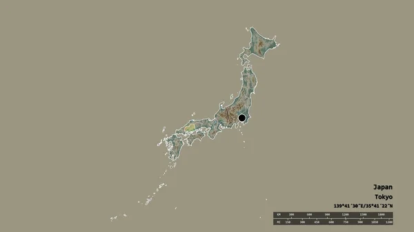 日本以首都 主要区域分部和分裂的广岛地区为首都的专制形态 地形浮雕图 3D渲染 — 图库照片
