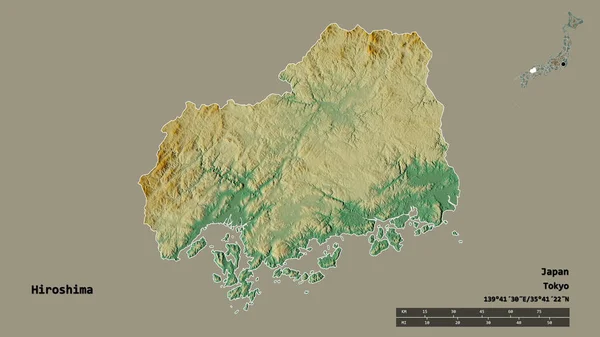 日本の県広島市の形で その首都はしっかりとした背景に孤立しています 距離スケール リージョンプレビュー およびラベル 地形図 3Dレンダリング — ストック写真