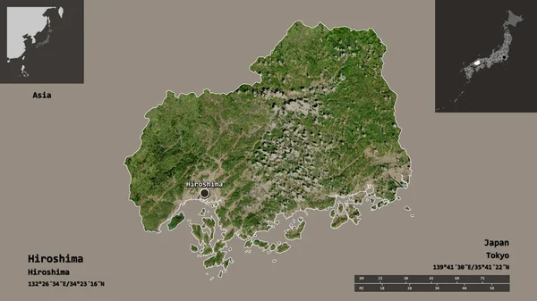 Hiroshima Alakja Japán Prefektúrája Fővárosa Távolsági Skála Előnézet Címkék Műholdas — Stock Fotó