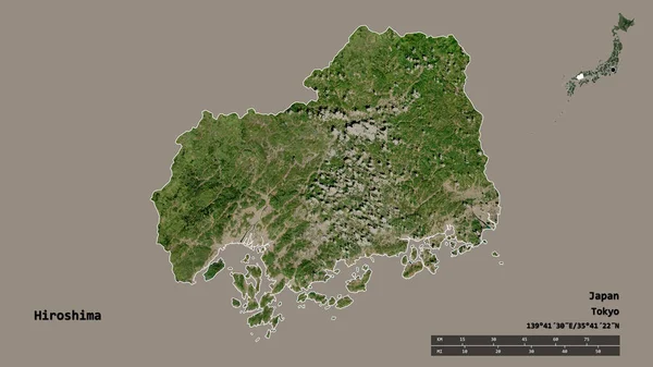 Shape of Hiroshima, prefecture of Japan, with its capital isolated on solid background. Distance scale, region preview and labels. Satellite imagery. 3D rendering