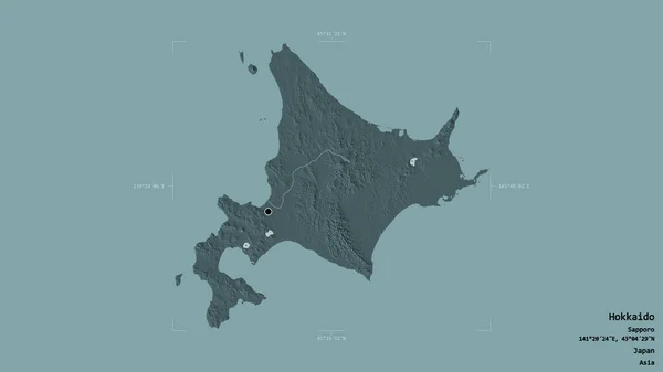 日本の回路である北海道のエリアは 地理的な境界線の箱の中にしっかりとした背景に隔離されています ラベル 色の標高マップ 3Dレンダリング — ストック写真
