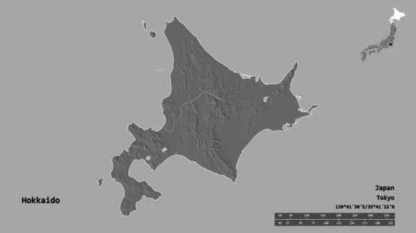 北海道的形状 日本的电路 它的首都隔离在坚实的背景上 距离尺度 区域预览和标签 Bilevel高程图 3D渲染 — 图库照片