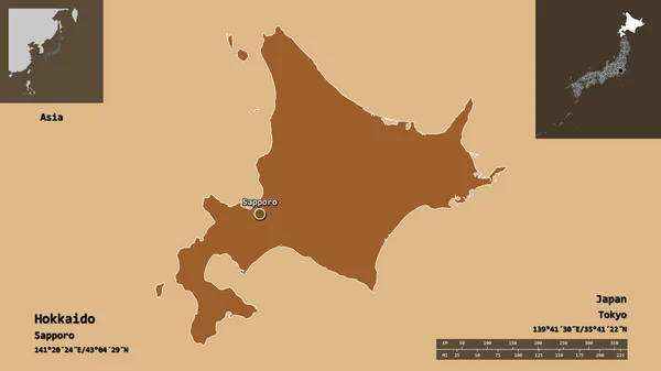 Form Hokkaido Krets Japan Och Dess Huvudstad Avståndsskala Förhandsvisningar Och — Stockfoto