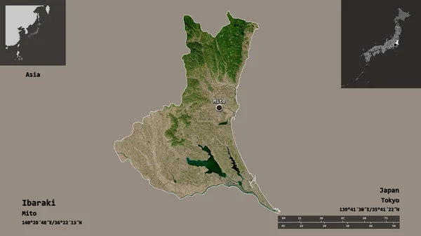 日本岩崎县及其首府的形状 距离刻度 预览和标签 卫星图像 3D渲染 — 图库照片