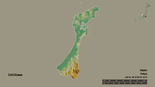 日本石川县的形状 其首都在坚实的背景下与世隔绝 距离尺度 区域预览和标签 地形浮雕图 3D渲染 — 图库照片