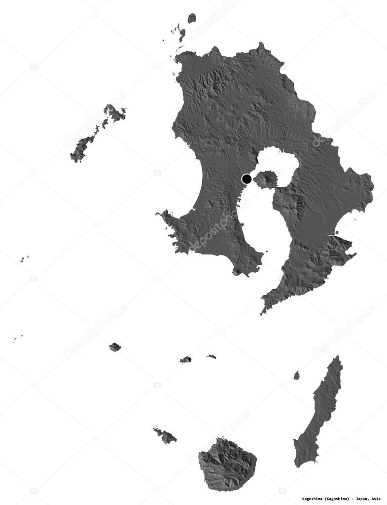 Shape of Kagoshima, prefecture of Japan, with its capital isolated on white background. Bilevel elevation map. 3D rendering