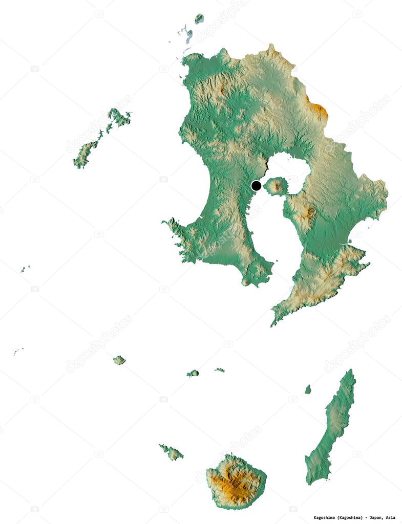 Shape of Kagoshima, prefecture of Japan, with its capital isolated on white background. Topographic relief map. 3D rendering
