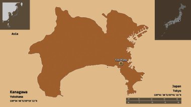 Kanagawa 'nın şekli, Japonya vilayeti ve başkenti. Uzaklık ölçeği, ön gösterimler ve etiketler. Desenli dokuların bileşimi. 3B görüntüleme
