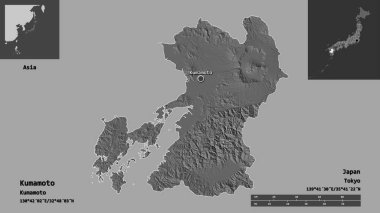 Kumamoto 'nun şekli, Japonya vilayeti ve başkenti. Uzaklık ölçeği, ön gösterimler ve etiketler. Çift seviyeli yükseklik haritası. 3B görüntüleme