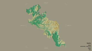 Kyoto bölgesi, Japon kentsel bölgesi, katı bir arka planda izole edilmiş bir sınır kutusunda. Etiketler. Topografik yardım haritası. 3B görüntüleme
