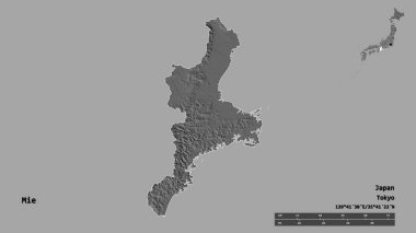 Japonya 'nın başkenti Mie' nin şekli, sermayesi sağlam arka planda izole edilmiştir. Uzaklık ölçeği, bölge önizlemesi ve etiketleri. Çift seviyeli yükseklik haritası. 3B görüntüleme