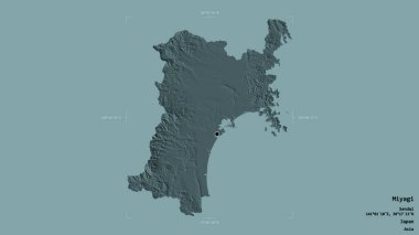 Miyagi bölgesi, Japon bölgesi, katı bir arka planda izole edilmiş bir sınır kutusunda. Etiketler. Renkli yükseklik haritası. 3B görüntüleme