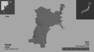 Miyagi 'nin şekli, Japonya ili ve başkenti. Uzaklık ölçeği, ön gösterimler ve etiketler. Çift seviyeli yükseklik haritası. 3B görüntüleme