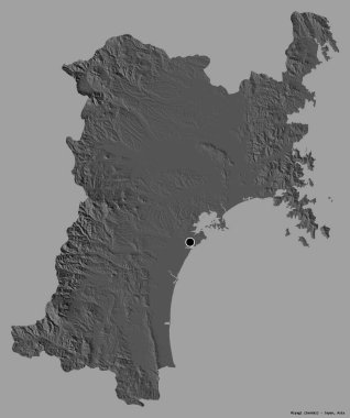 Miyagi 'nin şekli, Japonya' nın başkenti, koyu renk arka planda izole edilmiş. Çift seviyeli yükseklik haritası. 3B görüntüleme