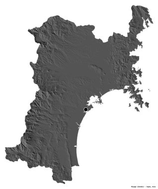 Miyagi 'nin şekli, Japonya' nın başkenti, beyaz arka planda izole edilmiş. Çift seviyeli yükseklik haritası. 3B görüntüleme