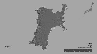 Miyagi 'nin şekli, Japonya vilayeti, sermayesi sağlam arka planda izole edilmiş. Uzaklık ölçeği, bölge önizlemesi ve etiketleri. Çift seviyeli yükseklik haritası. 3B görüntüleme