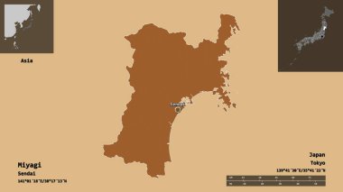 Miyagi 'nin şekli, Japonya ili ve başkenti. Uzaklık ölçeği, ön gösterimler ve etiketler. Desenli dokuların bileşimi. 3B görüntüleme