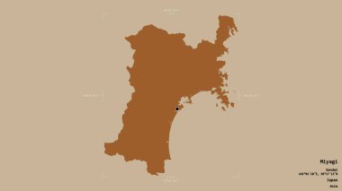 Miyagi bölgesi, Japon bölgesi, katı bir arka planda izole edilmiş bir sınır kutusunda. Etiketler. Desenli dokuların bileşimi. 3B görüntüleme