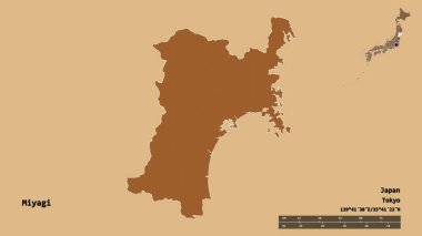 Miyagi 'nin şekli, Japonya vilayeti, sermayesi sağlam arka planda izole edilmiş. Uzaklık ölçeği, bölge önizlemesi ve etiketleri. Desenli dokuların bileşimi. 3B görüntüleme