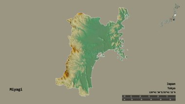 Miyagi 'nin şekli, Japonya vilayeti, sermayesi sağlam arka planda izole edilmiş. Uzaklık ölçeği, bölge önizlemesi ve etiketleri. Topografik yardım haritası. 3B görüntüleme