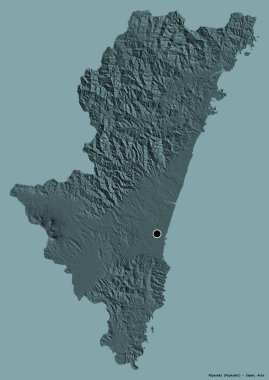 Miyazaki 'nin şekli, Japonya' nın başkenti, koyu renk arka planda izole edilmiş. Renkli yükseklik haritası. 3B görüntüleme