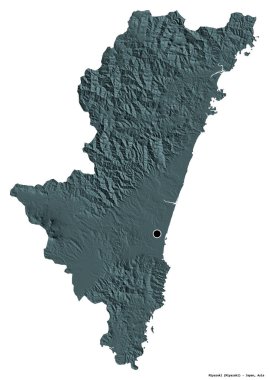 Japonya 'nın Miyazaki ili, başkenti beyaz arka planda izole edilmiş. Renkli yükseklik haritası. 3B görüntüleme
